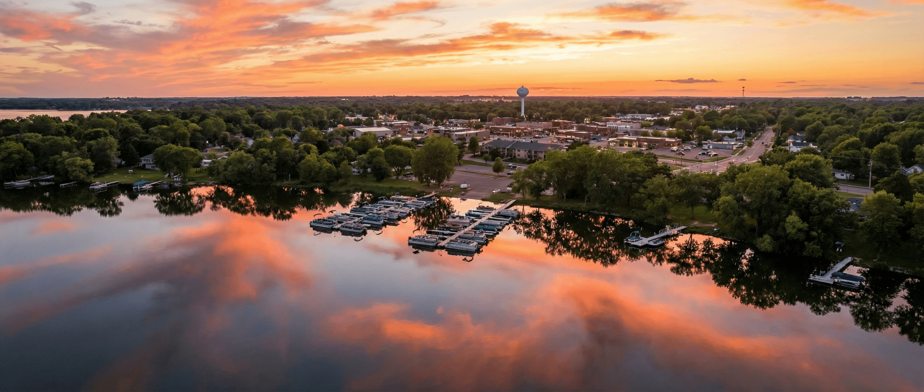 Aerial view of Lake Waconia Minnesota at golden hour sunset with marina and tree-lined shoreline
